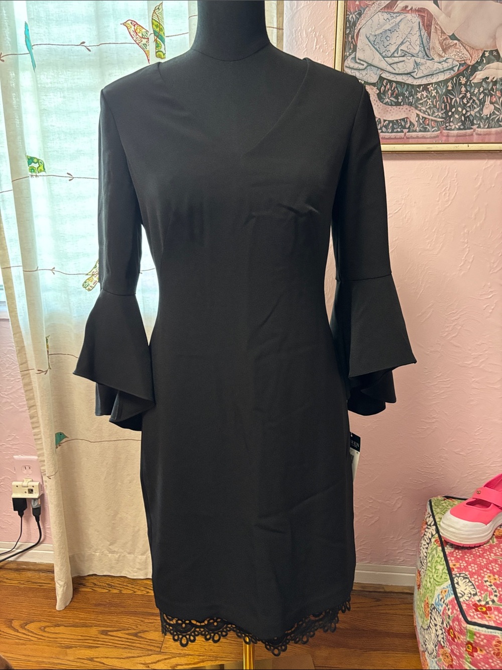 Ralph Lauren Black Long-Sleeve Shift Dress with Tiered Bell Cuffs